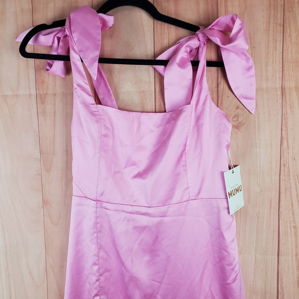Show Me Your Mumu Midi A Line Dress Womens Medium Pink Satin Smocked Side Slit - Picture 5 of 10